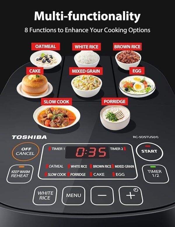 Toshiba Mini Rice Cooker, 3 Cups Uncooked Small Rice Cooker, Steamer & Warmer, With Fuzzy Logic And One-Touch Cooking, 24 Hour Delay Timer And Auto Keep Warm Feature