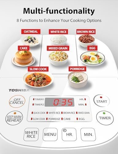 Toshiba Mini Rice Cooker, 3 Cups Uncooked Small Rice Cooker, Steamer & Warmer, With Fuzzy Logic And One-Touch Cooking, 24 Hour Delay Timer And Auto Keep Warm Feature