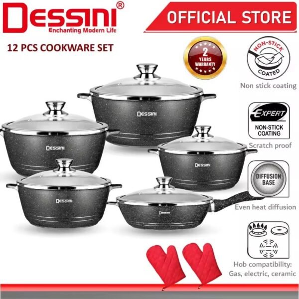 DESSINI ITALY Granite Aluminium Non Stick Casserole Pot Bowl Deep Fry Pan Cookware Tool (12 Pcs)